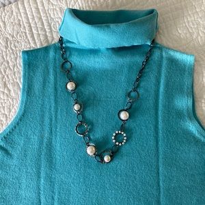 DKNY Aqua Blue Cashmere Sleeveless Turtleneck Sweater Sz L EUC